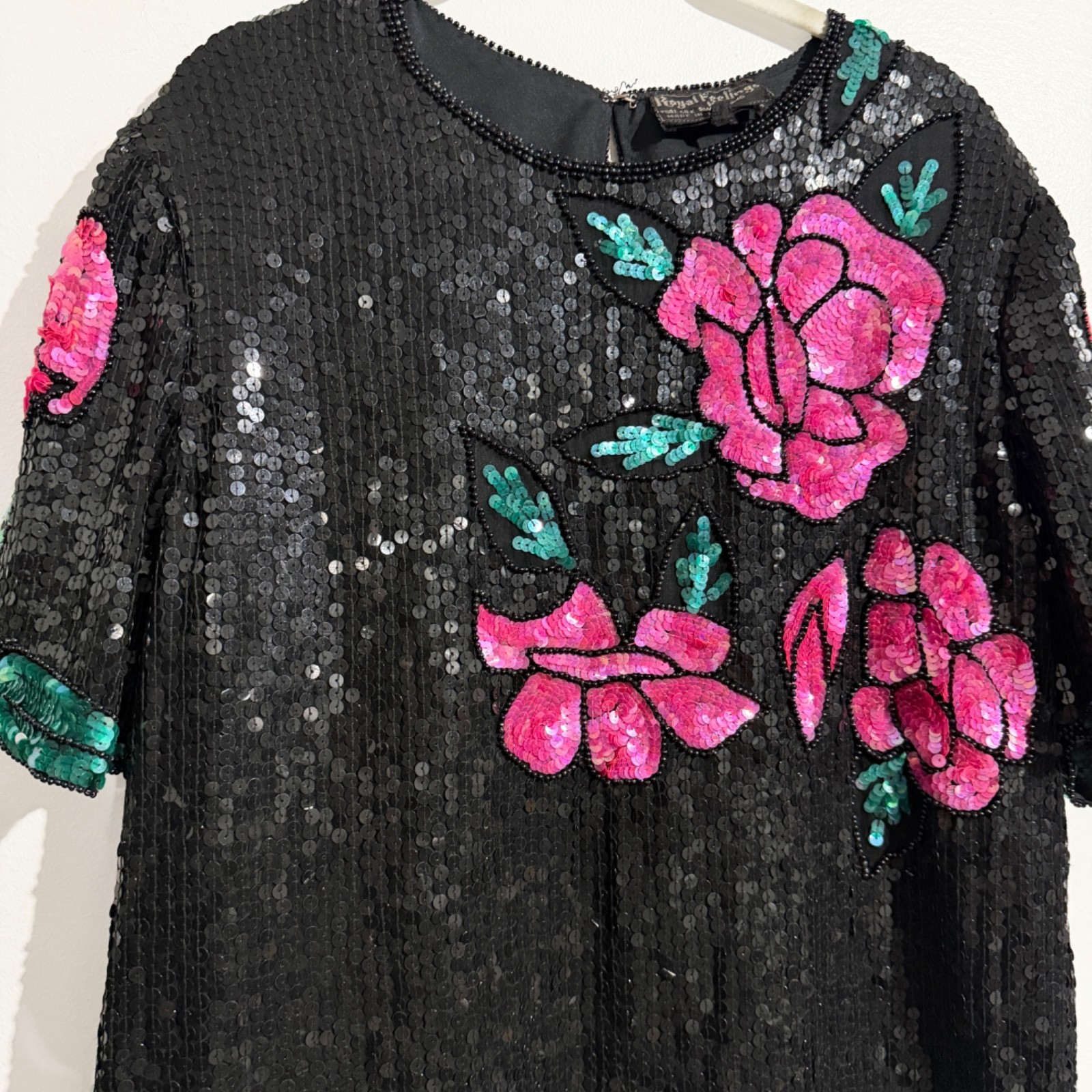 Vintage Royal Feelings Black Silk Sequin Floral Beaded Top L Pink Roses Glam