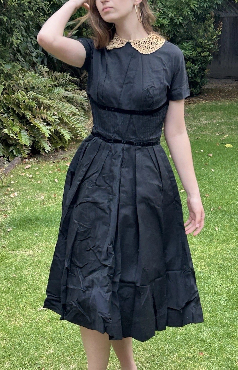 True Vintage 50s S Maggi Stover Peter Pan Lace Collar Dress Pleated Black