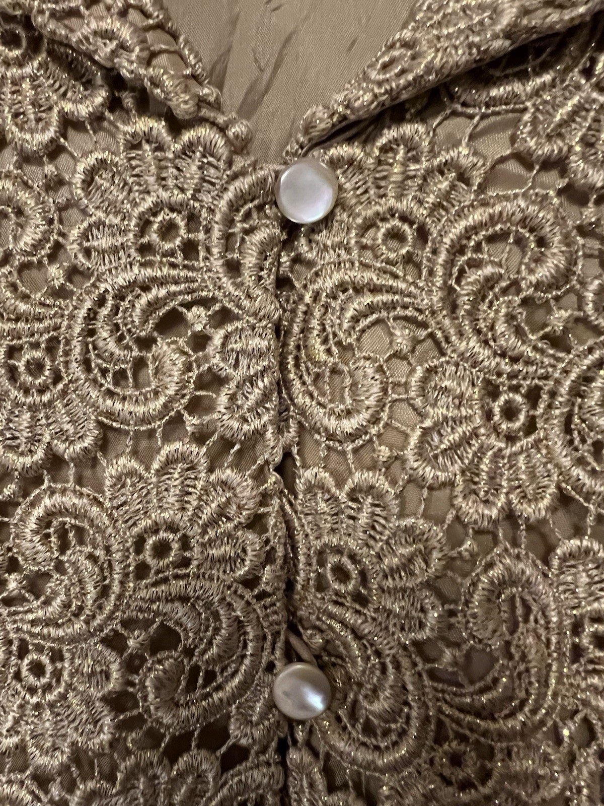 Vintage Talbots Gold Sparkle Lace 3/4 Sleeve Guipure Jacket Lined Women’s Sz 12