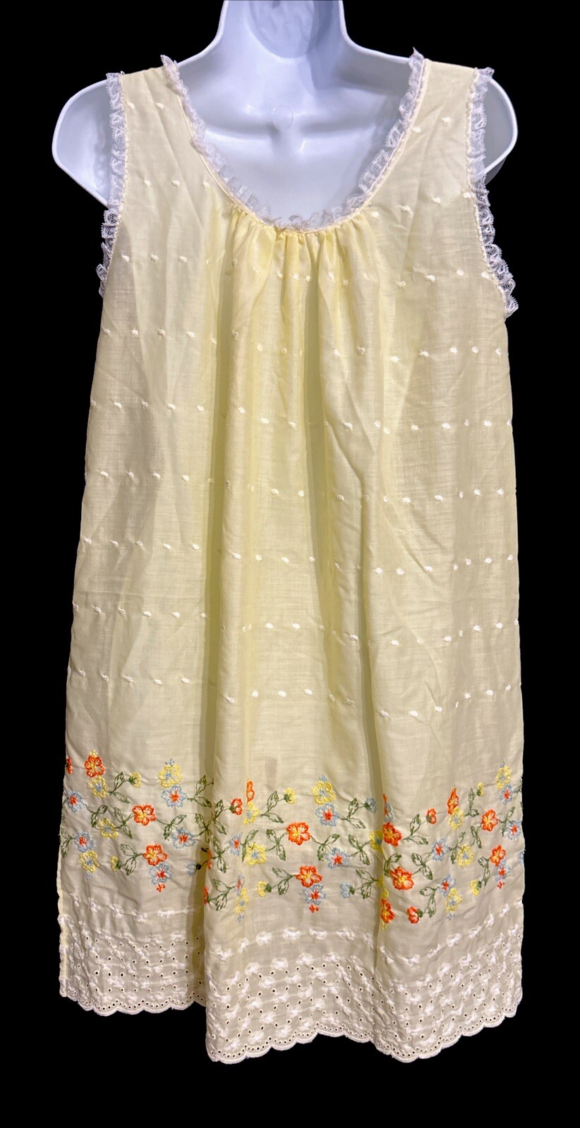Vintage Nightgown Leonora M Yellow Lace Trim Sleeveless Embroidered Union Made