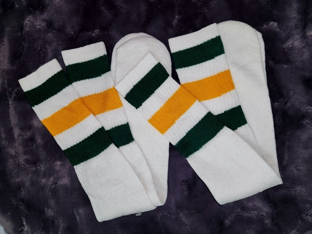VTG 80’s 2 Thick Stripe Tube Socks 23″ long Standard Size Green Yellow White NOS