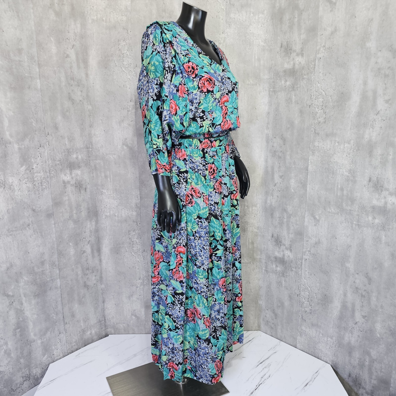 Vintage 70s 80s Irene Kasmer Floral Crepe Batwing Blouse Maxi Skirt Set Outfit