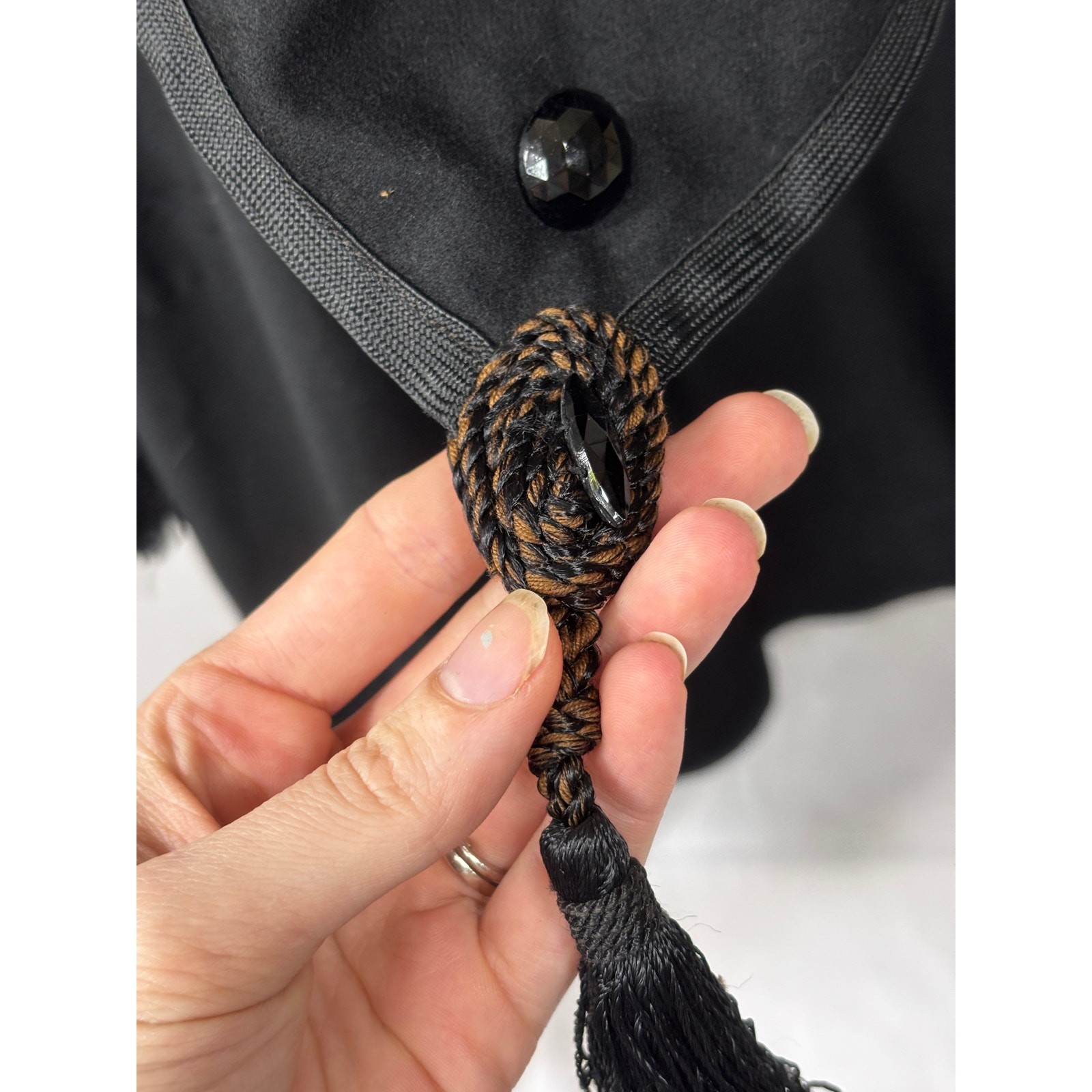 Antique Edwardian Black Wool Mourning Walking Skirt Jet Beads Tassels Tiered