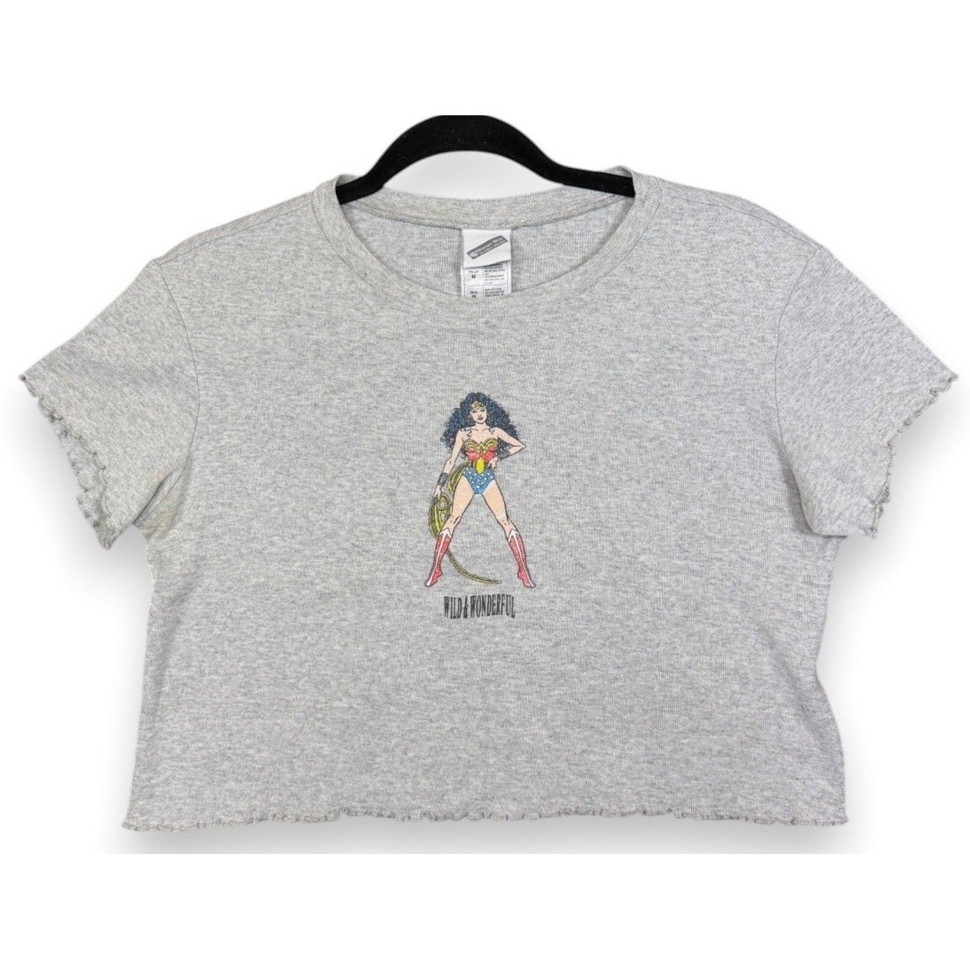 Vintage Warner Bros Studio Store Crop Top Baby Tee M Gray Wonder Woman 1999 Y2K