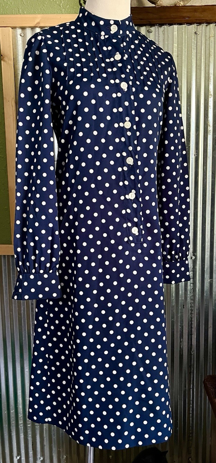VTG CARLYE White & Blue Polka Dot Mod A Line L/S Midi Dress Sz S/M 1960s