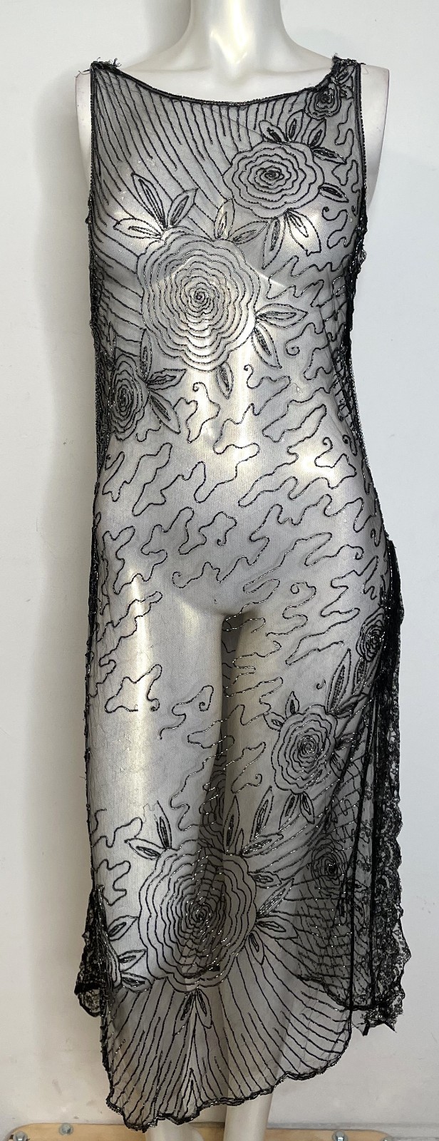 Antique 30s Art Deco Black Lace Sheer Beaded Dress S XS Floral Holes