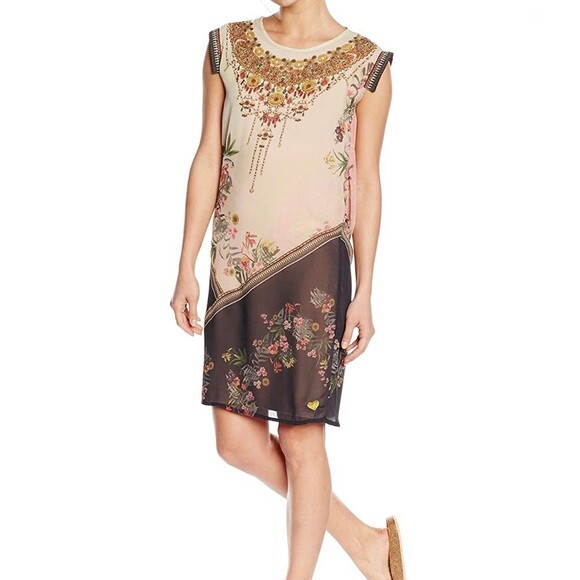 Desigual Elo Sheer Floral Chiffon Flapper Bejeweled Neckline Knee Dress – Small