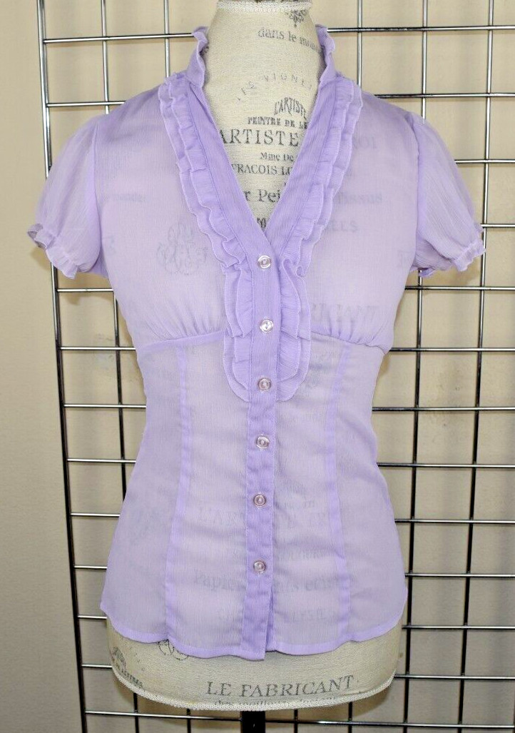 Vintage Top IZ Byer Size S/M 90s Lavender Semi Sheer Ruffle Front Buttons Fitted