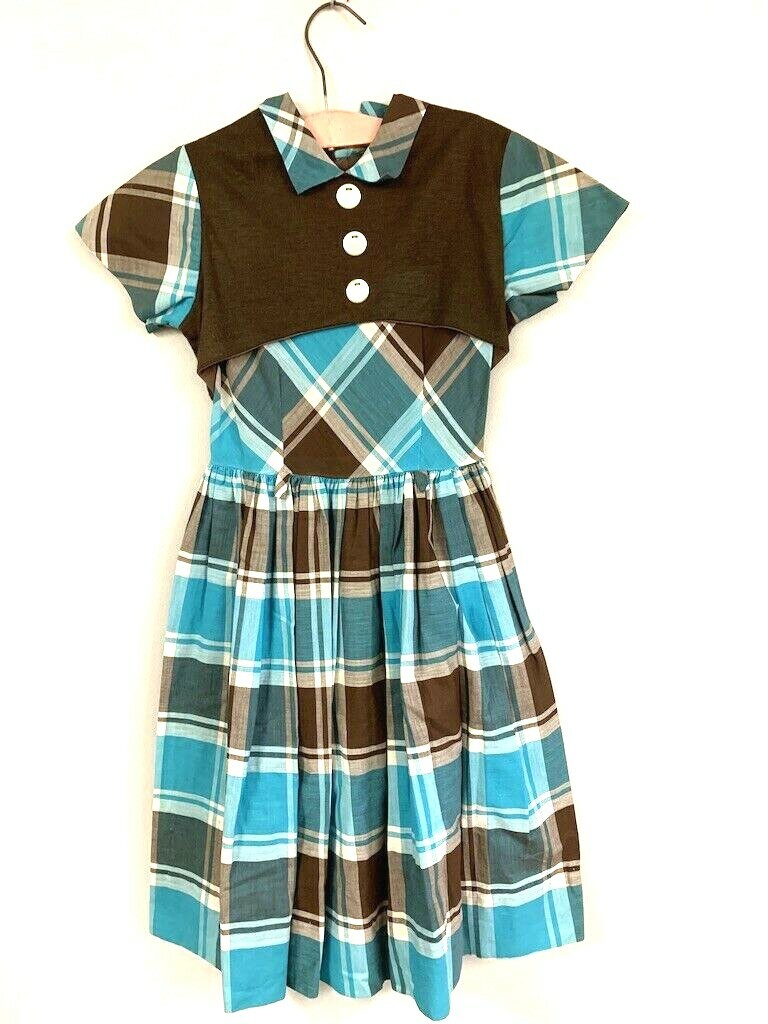 VTG 50s Cinderella’s Coach Plaid Girl’s Dress Brown Aqua White Vest Detail Sz