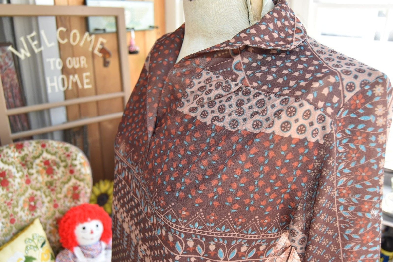 Vintage 1970s Blouse Boho Floral Geometric Print Tunic Sheer Brown M-L
