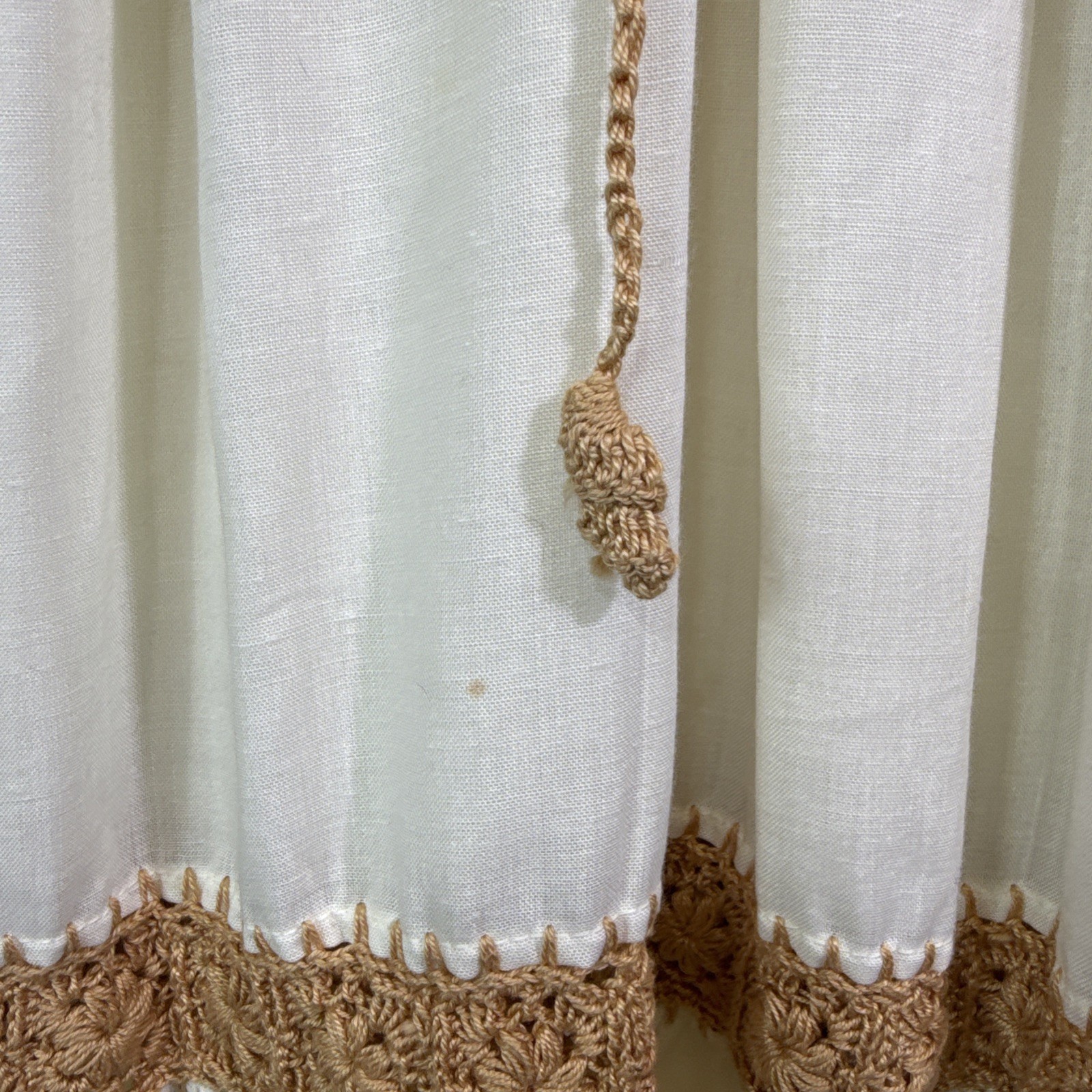 Vintage Crochet Dress Floral Embroidery Ivory Brown Cotton M L 70s Boho