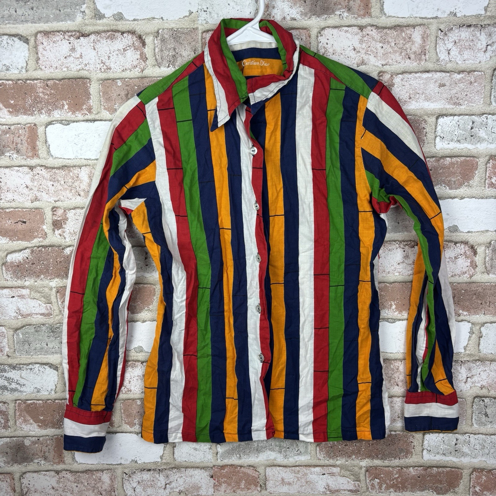 VTG Christian DIOR Colorful striped long sleeve button front shirt Wmns 10 1960s