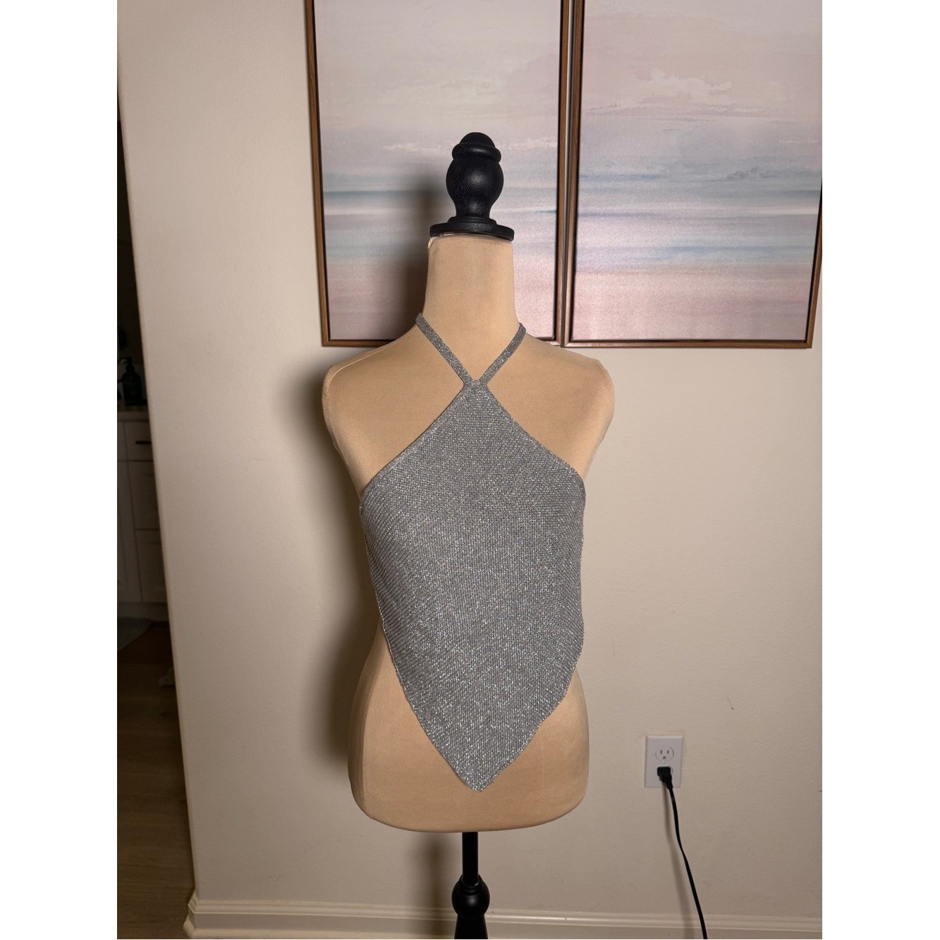 Zara Silver Sparkle Halter Handkerchief Hem Camisole