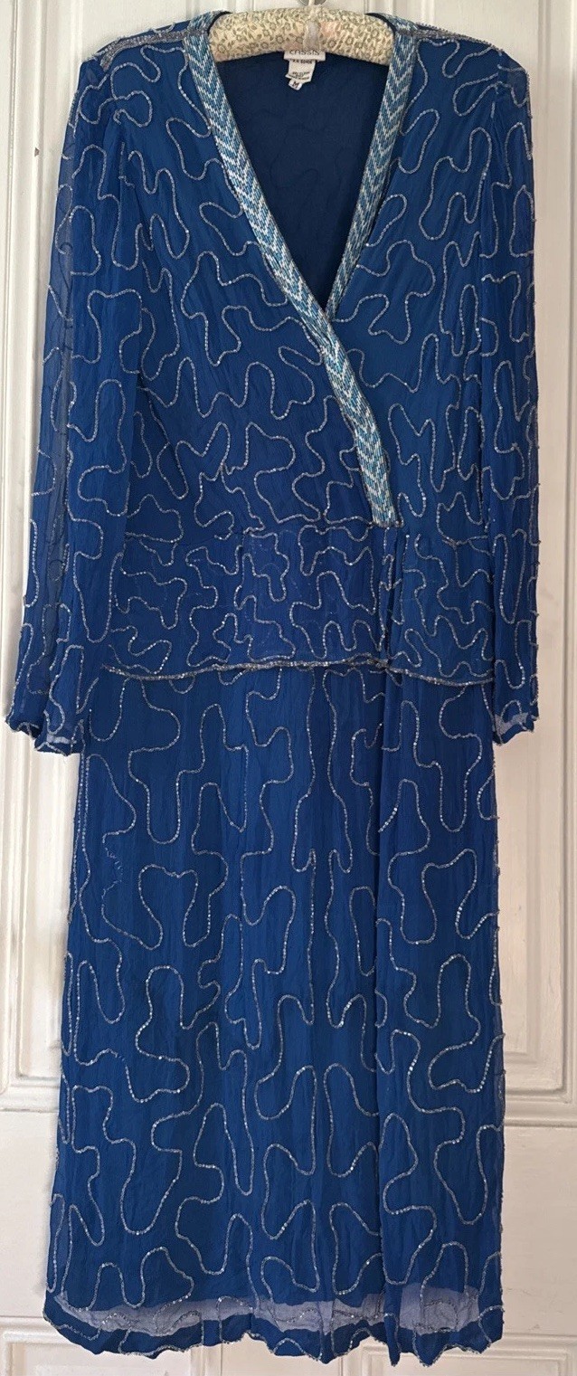Vintage 80s Glam Cassis- Blue & Silver Hand Beaded Silk Midi Dress – Size M