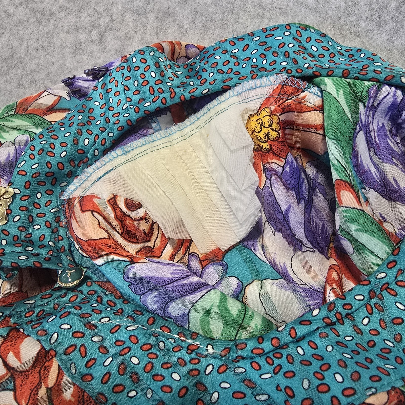 Vintage Floral Sequin Blouse Womens L Multicolor Pleated 80s Balloon Sleeve