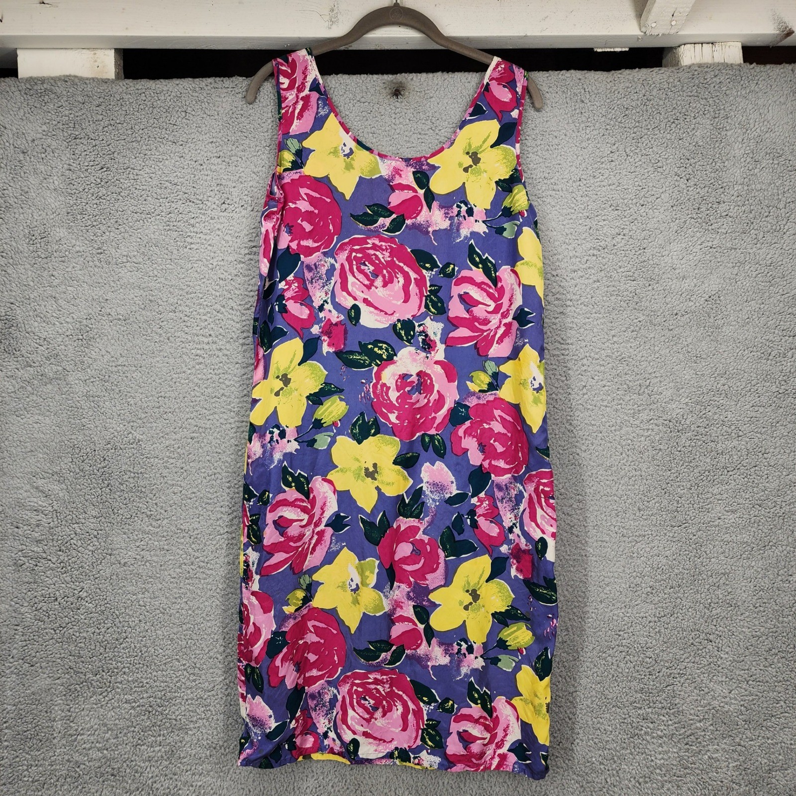 Vintage GS International Purple Floral 100% Silk Sleeveless Shift Dress 7/8