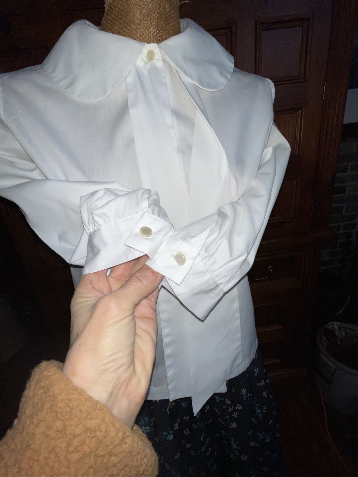 Vintage Sybil White 3/4 Sleeve Blouse Round Collar Detachable Sash Tie Front