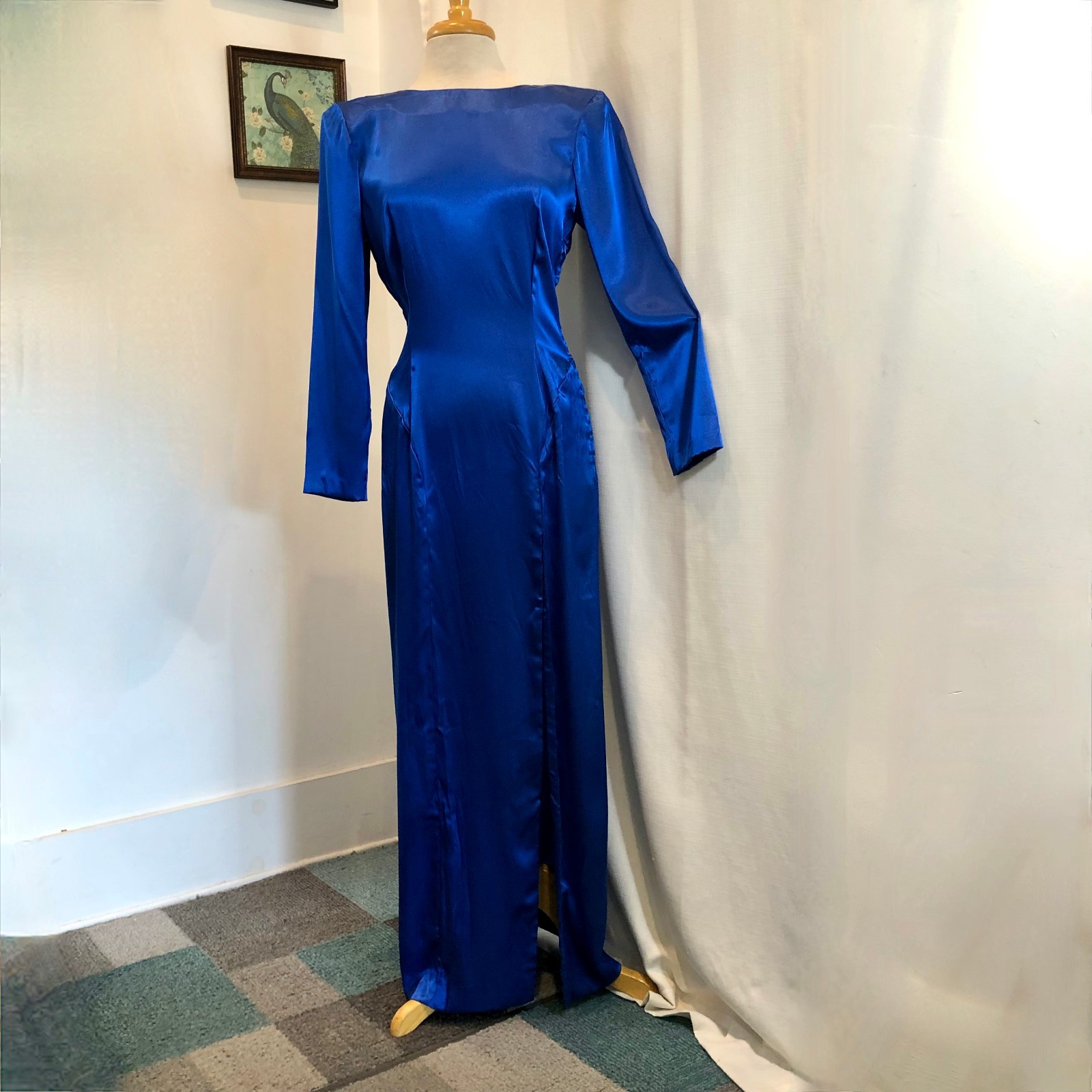 Vintage 1980s Royal Blue Satin Dress by Cherie Lee Sexy Maxi Gown with Slit