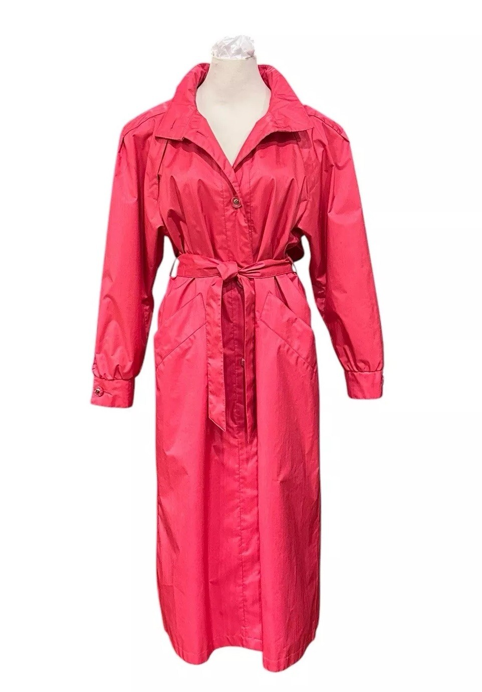 1980s J Gallery Women’s Trench Coat Watermelon Pink Belted Raincoat 11/12 Petite