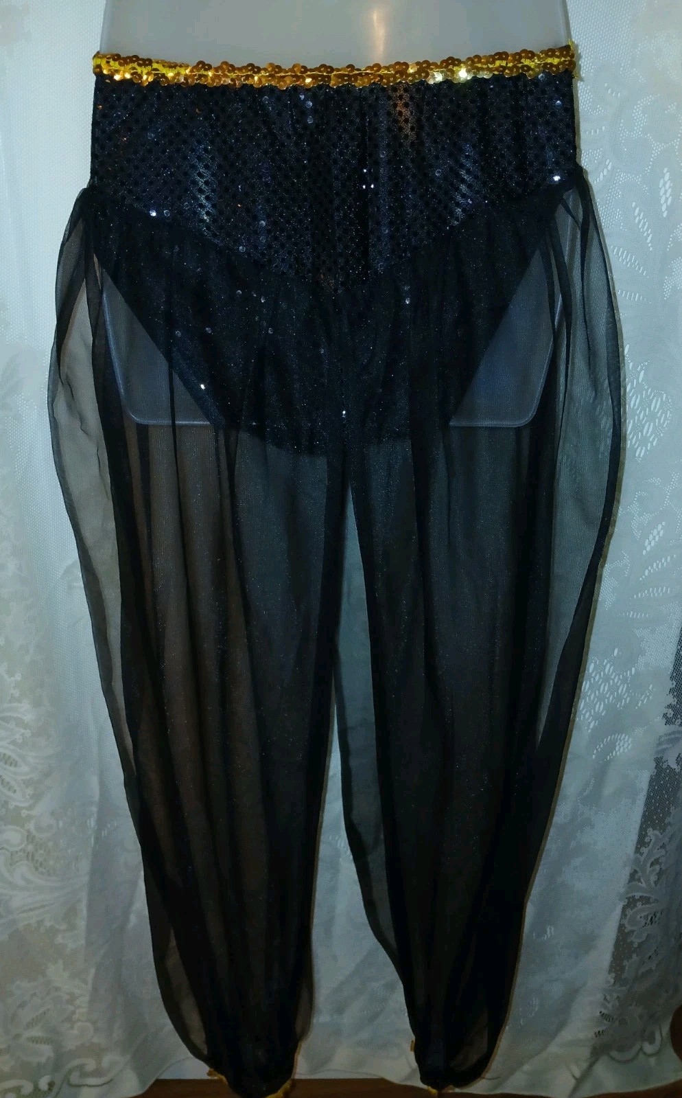 Vintage Belly Dancing Harem Genie Costume Black Chiffon Sequin Gold Coins XS
