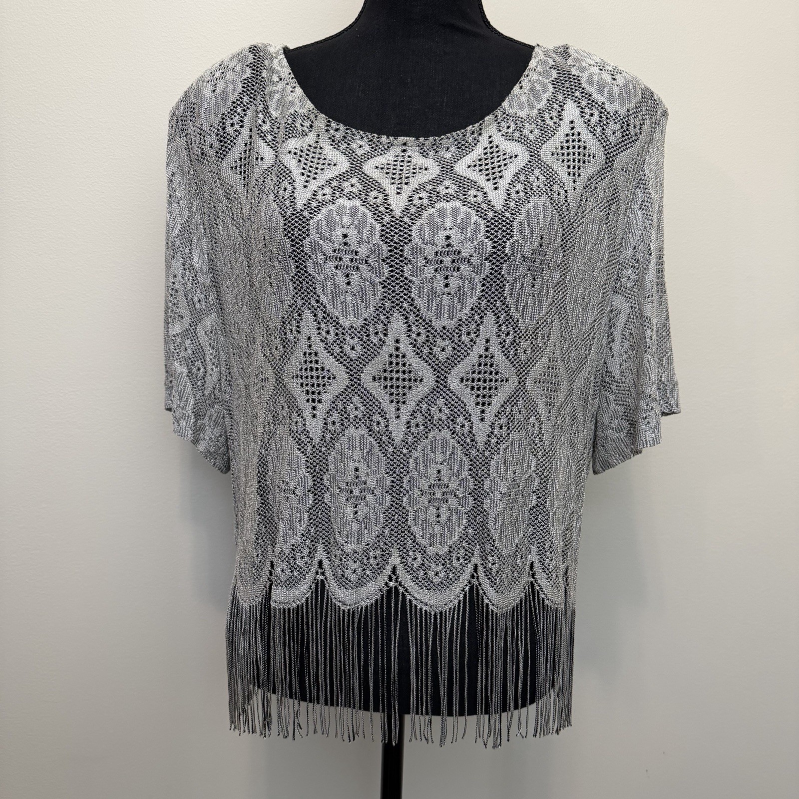 Vintage Sharade 80s 90s Fringe Top Silver Open Knit Lace Western Whimsigoth Boho
