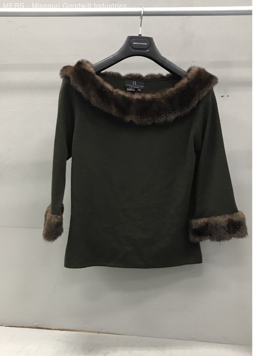 Vintage 90s Carole Little Women’s Olive Green Faux Fur Trim Knit Sweater Sz M