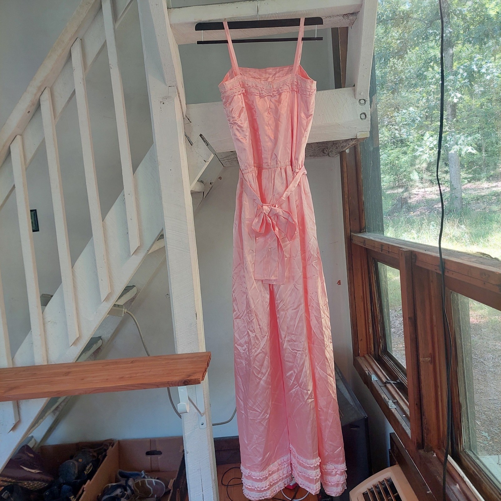 Vintage Homemade Pink Satin Lace Trim Maxi Sash Tie Ruffle Dress Sleeveless