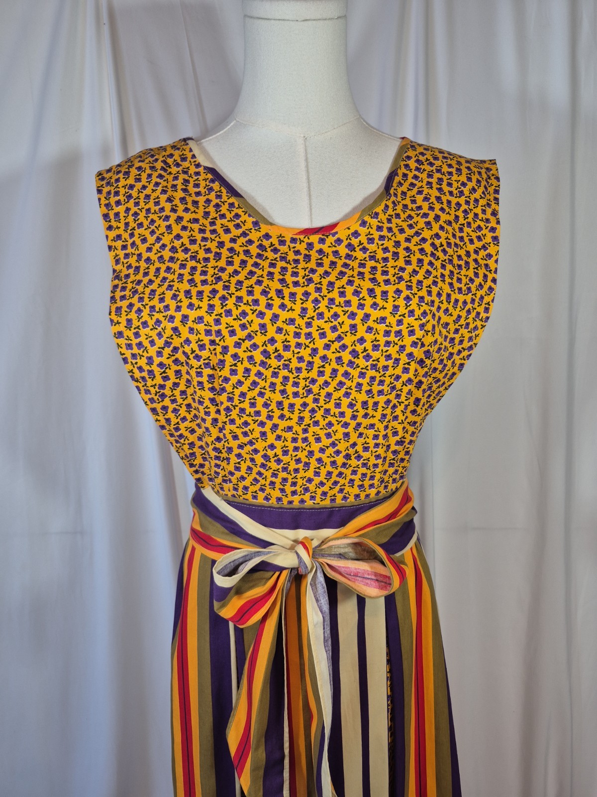 Vintage Design House Japan Floral Striped Apron Pinafore Dress Multicolor Small