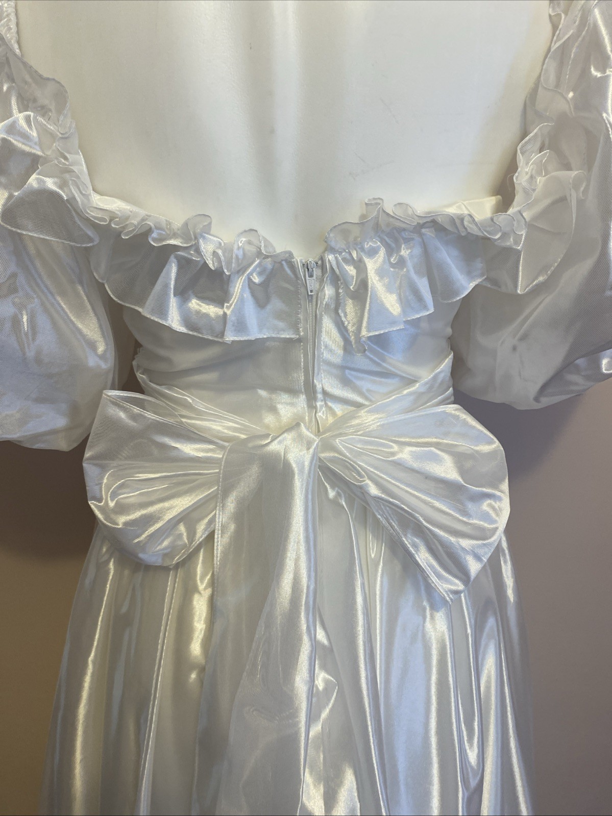 VTG Zum Zum 80s White puff Slv V Waist Ruffle Lace Bow Wedding Dress Gown XS/S 5