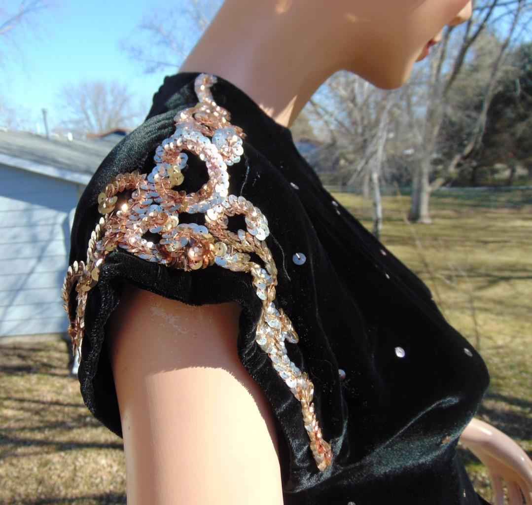 VTG 40s Black Silk Velvet Wide Leg Pants & Sequin Top Sm 26W