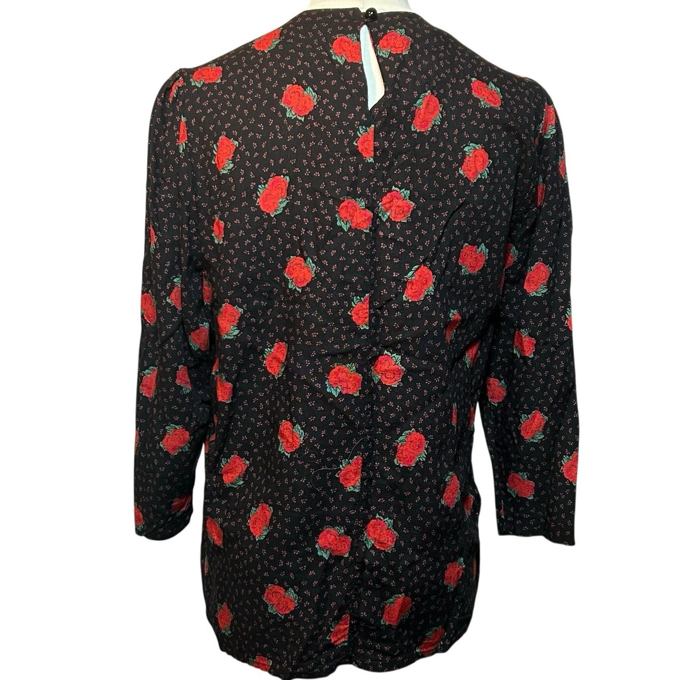 VTG Ms Interpret Black Red Rose Polka Dot Rayon Blouse 12 Whimsygoth Grunge Goth