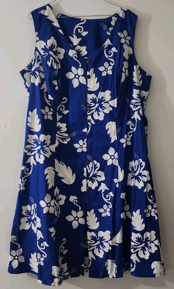 Tiki Palm Hawaiian XXL Blue White Kaftan Cottage Beach Button Up NWT NOS VTG