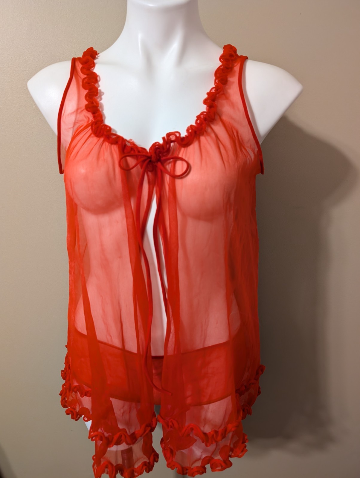Center Circle by ARCHDALE Vintage Sheer Ruffled Red Negligee Peignoir Set Medium