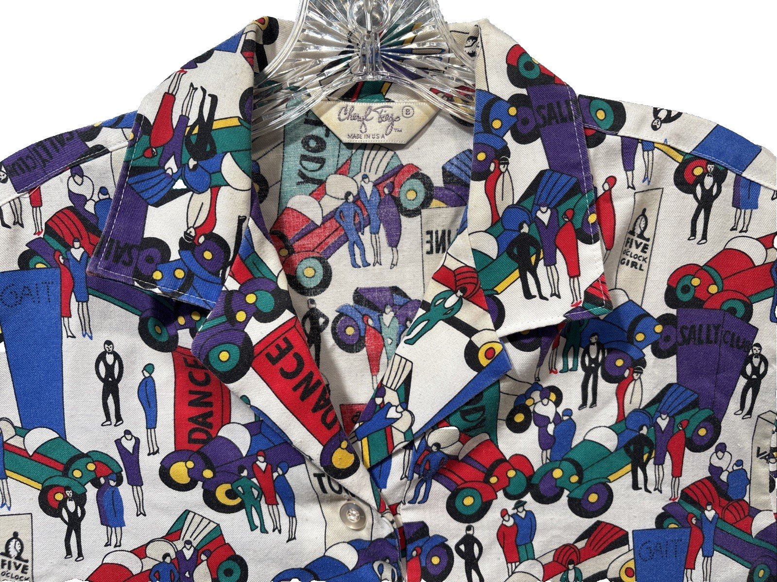 Vintage Cheryl Tiegs Sears Button Up Shirt Women 8 Stylized Print 1/2 Sleeve