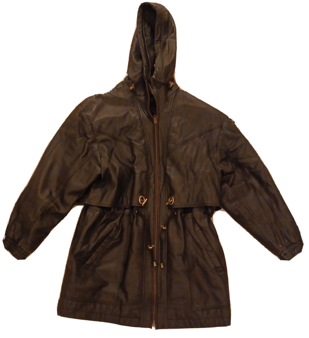 Vintage 90s YKK LEATHER DRAW STRING JACKET Women’s Meduim Long 32″
