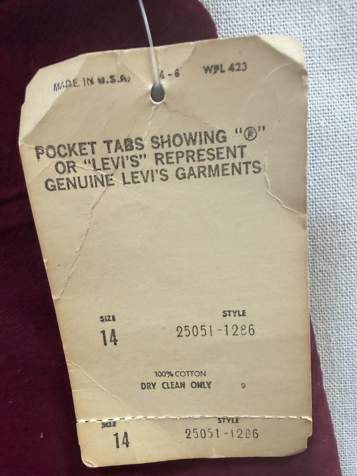 1970s VTG Levi’s For Me Burgundy Velvet Pants USA Tag Size 14 TLC Rare NOS