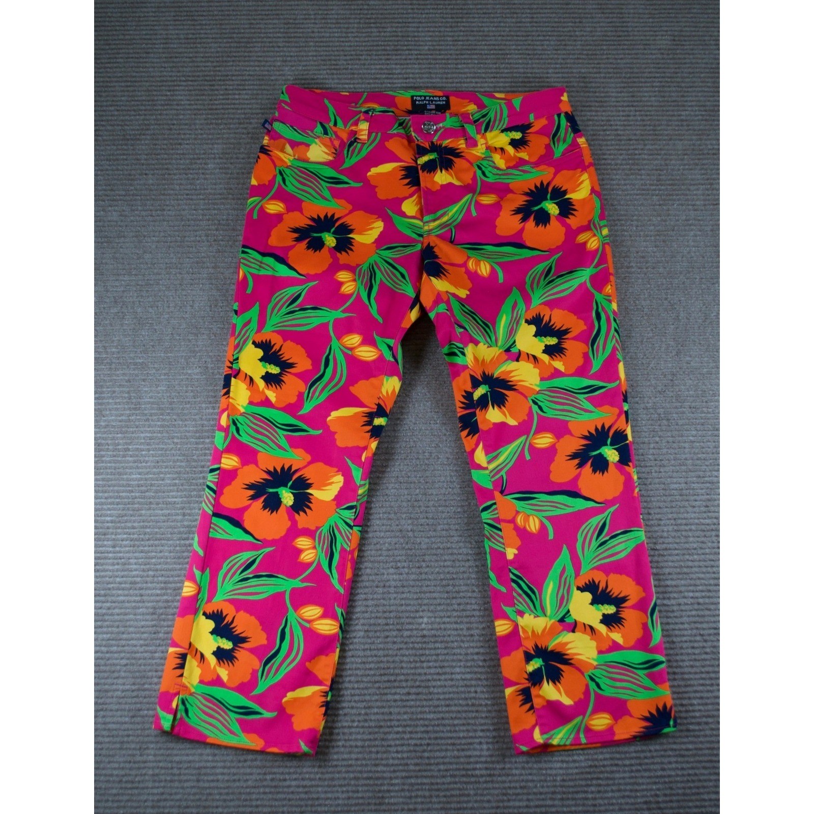 Vintage Polo Jeans Ralph Lauren Pink Hawaiian Hibiscus Floral Capri Pants Size 4