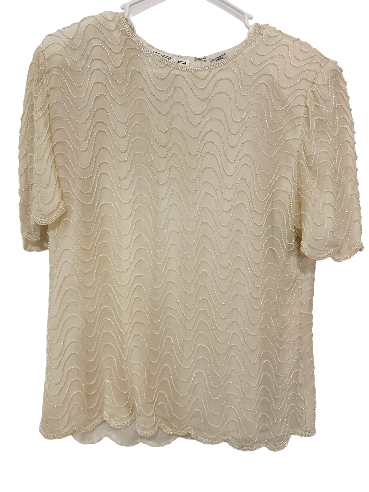 Vintage Scala 100% Silk Beaded Wave Top Cream Evening Cocktail Blouse Medium