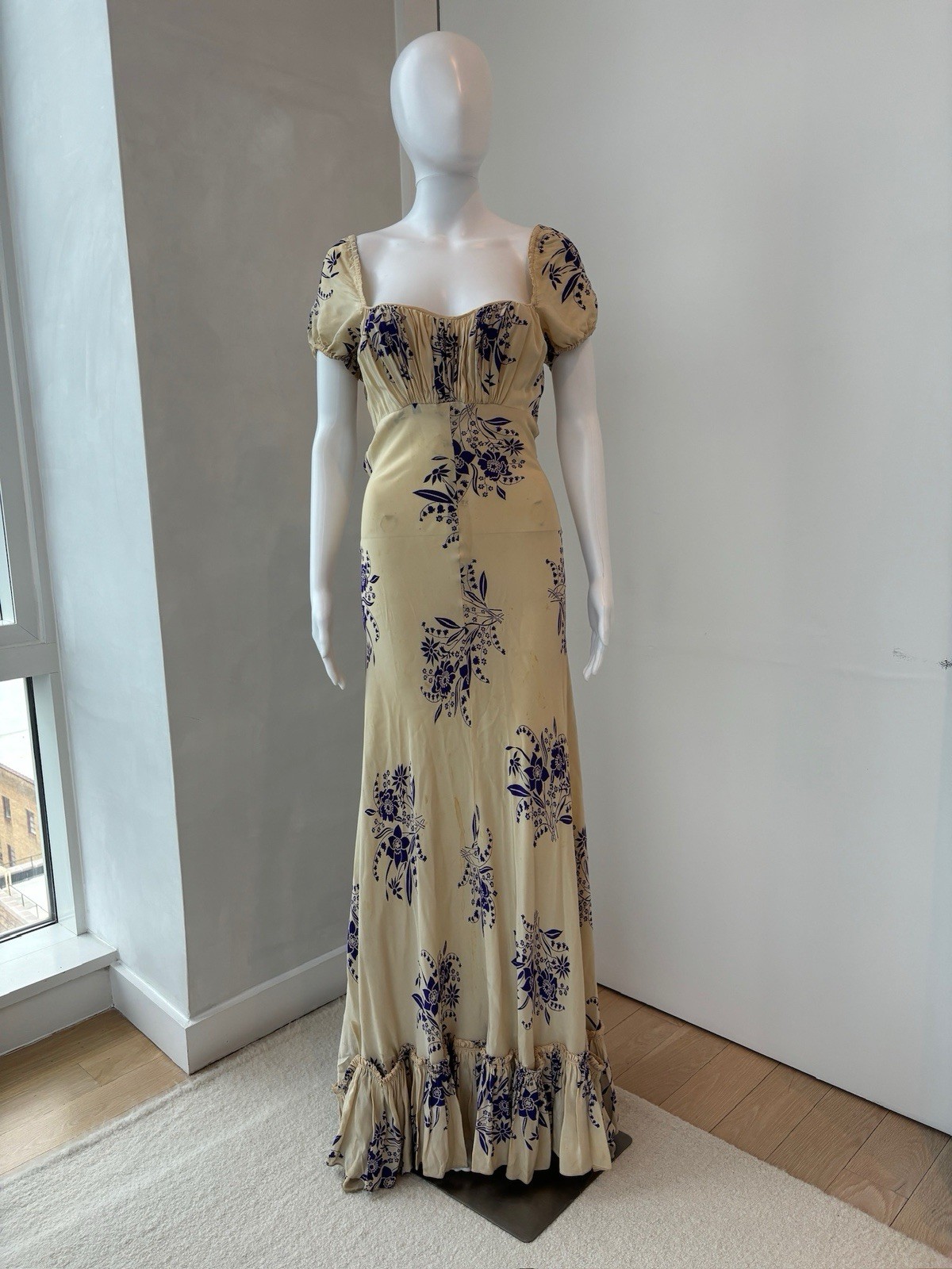 Ethereal 1930s Cream Silk Floral Gown – Puff Sleeves, Ruffle Hem, Open Back