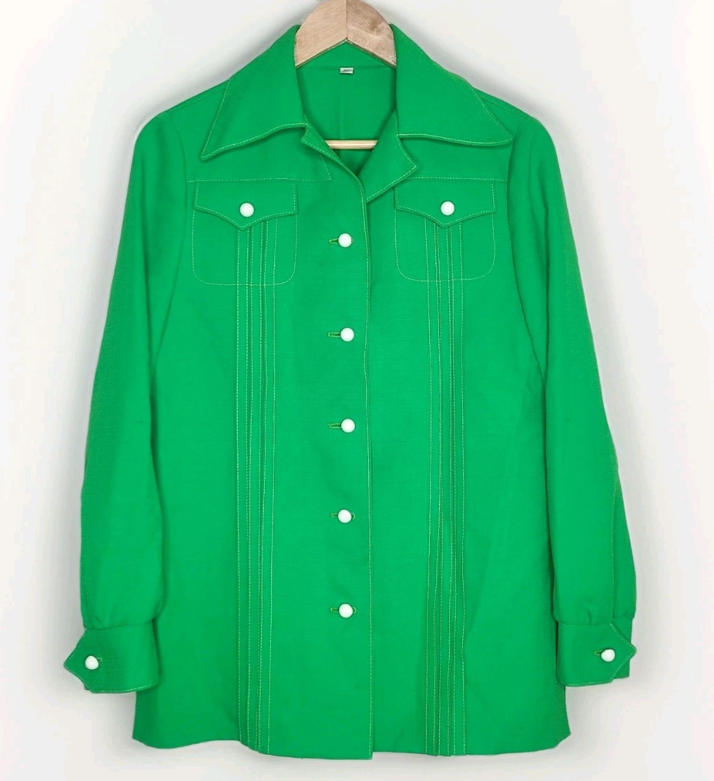 Vtg 60s 70s Double Knit Womens Lime Green Button Up Spread Collar Shirt Top