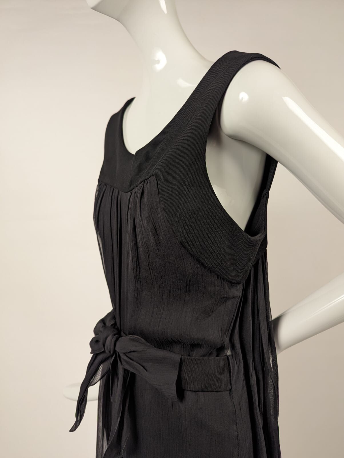 VINTAGE CHANEL SILK JERSEY + SILK CHIFFON SHORT JUMPSUIT W SHEER WATTEAU REAR