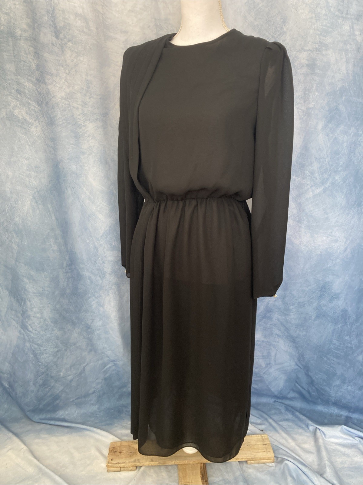 St. Gillian By Kay Unger Vintage 1980s Black Midi Dress Lightweight Button Back