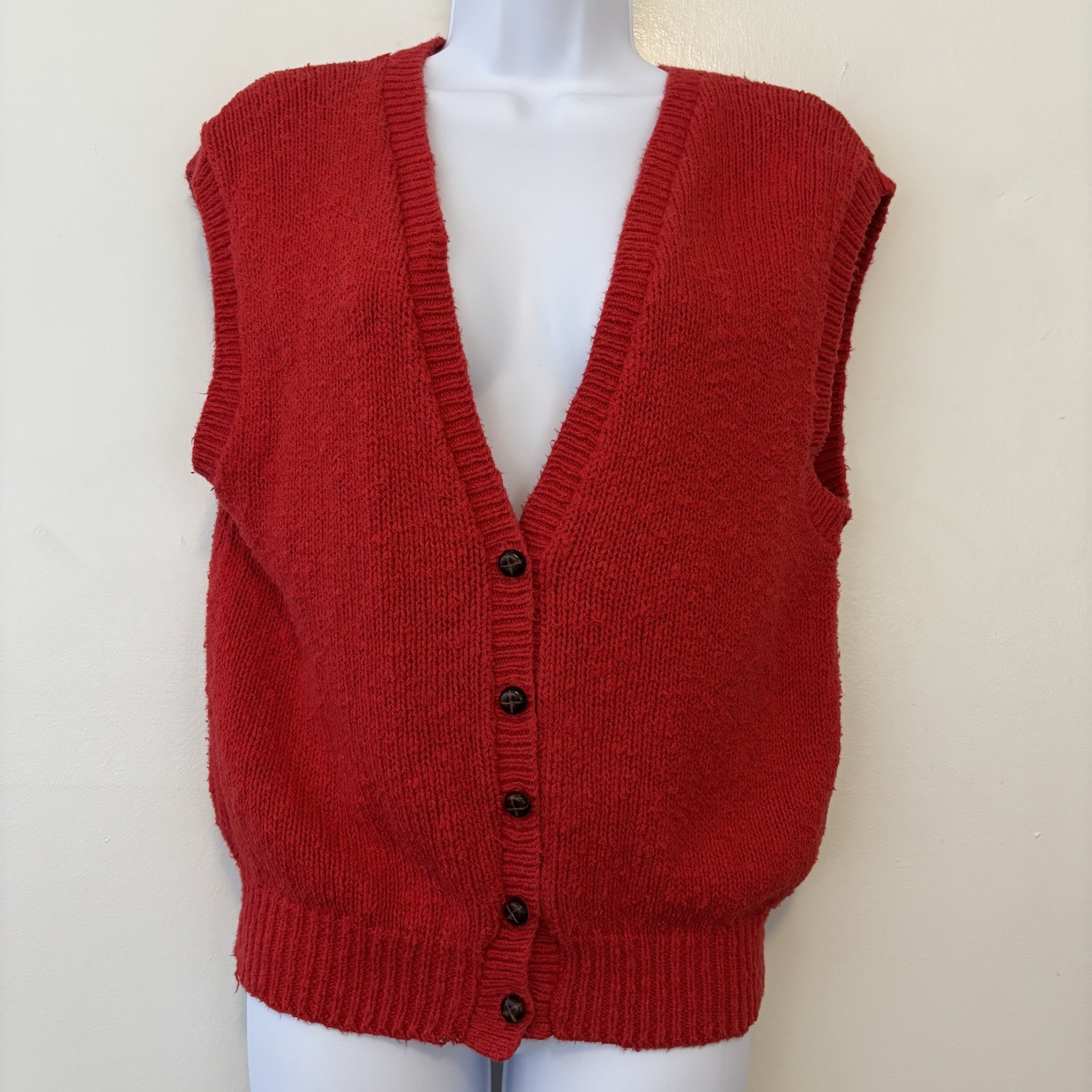 Vintage Villager Red Vest Medium Cardigan USA 80s Y2K Wood Buttons