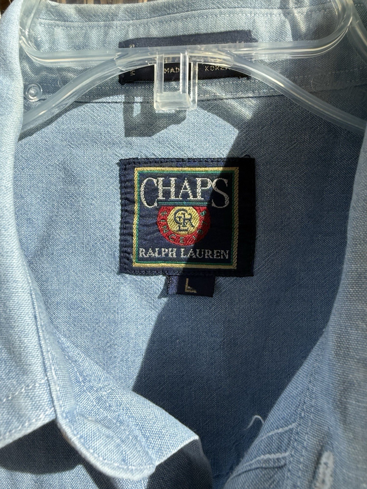 Vintage Ralph Lauren Chaps Blue Chambray POLO Crest Pocket Short Sleeve Shirt L