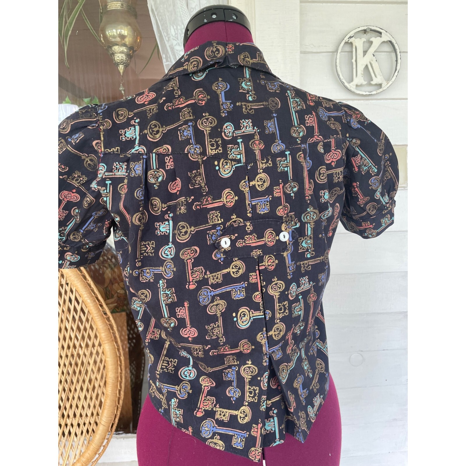 Vintage 1960s Skeleton Key Print Blouse With Puff Sleeves Black Grosgrain Size S