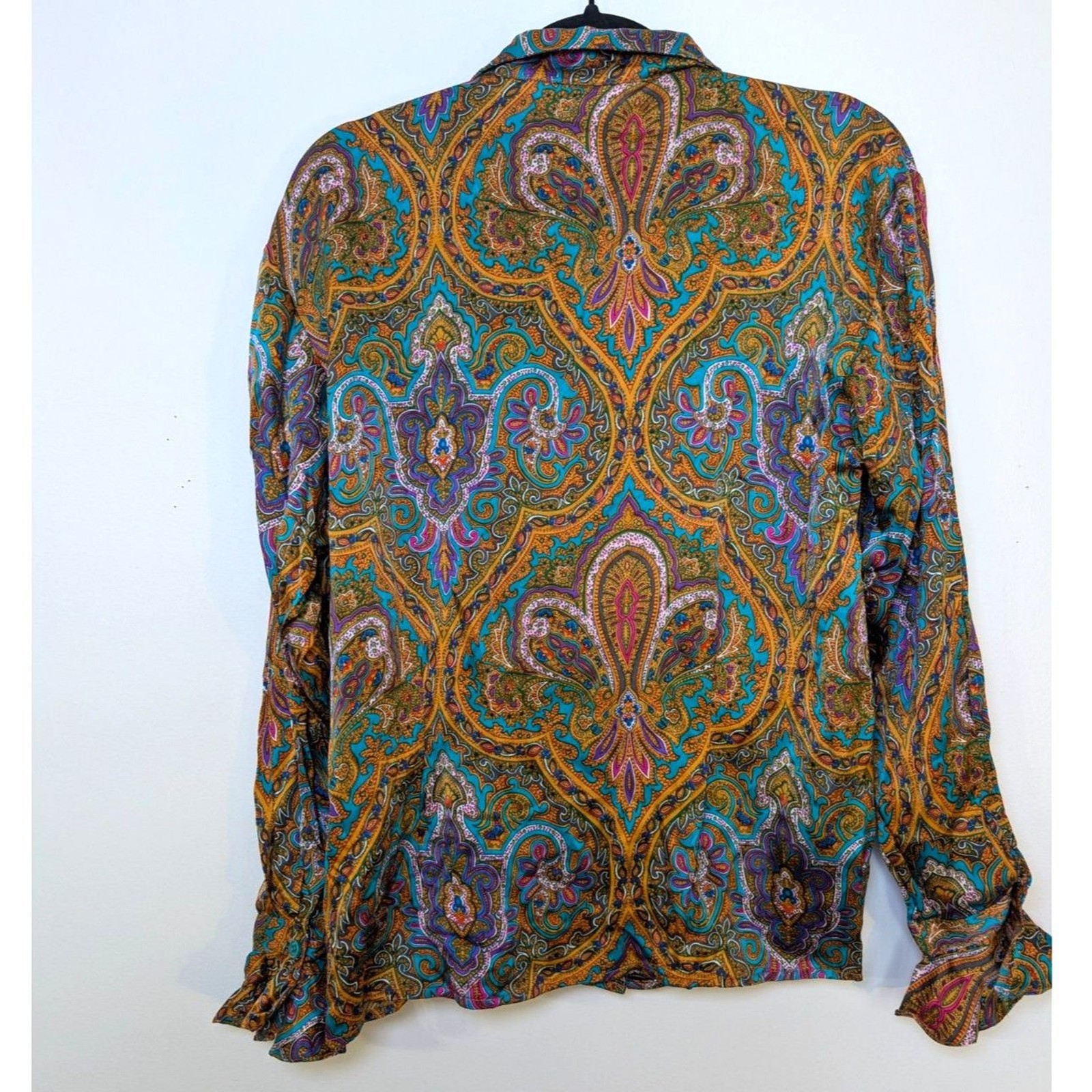 Vintage 90s Silk Paisley Blouse Size 8 Jewel Tone Boho Luxe Button Front Top