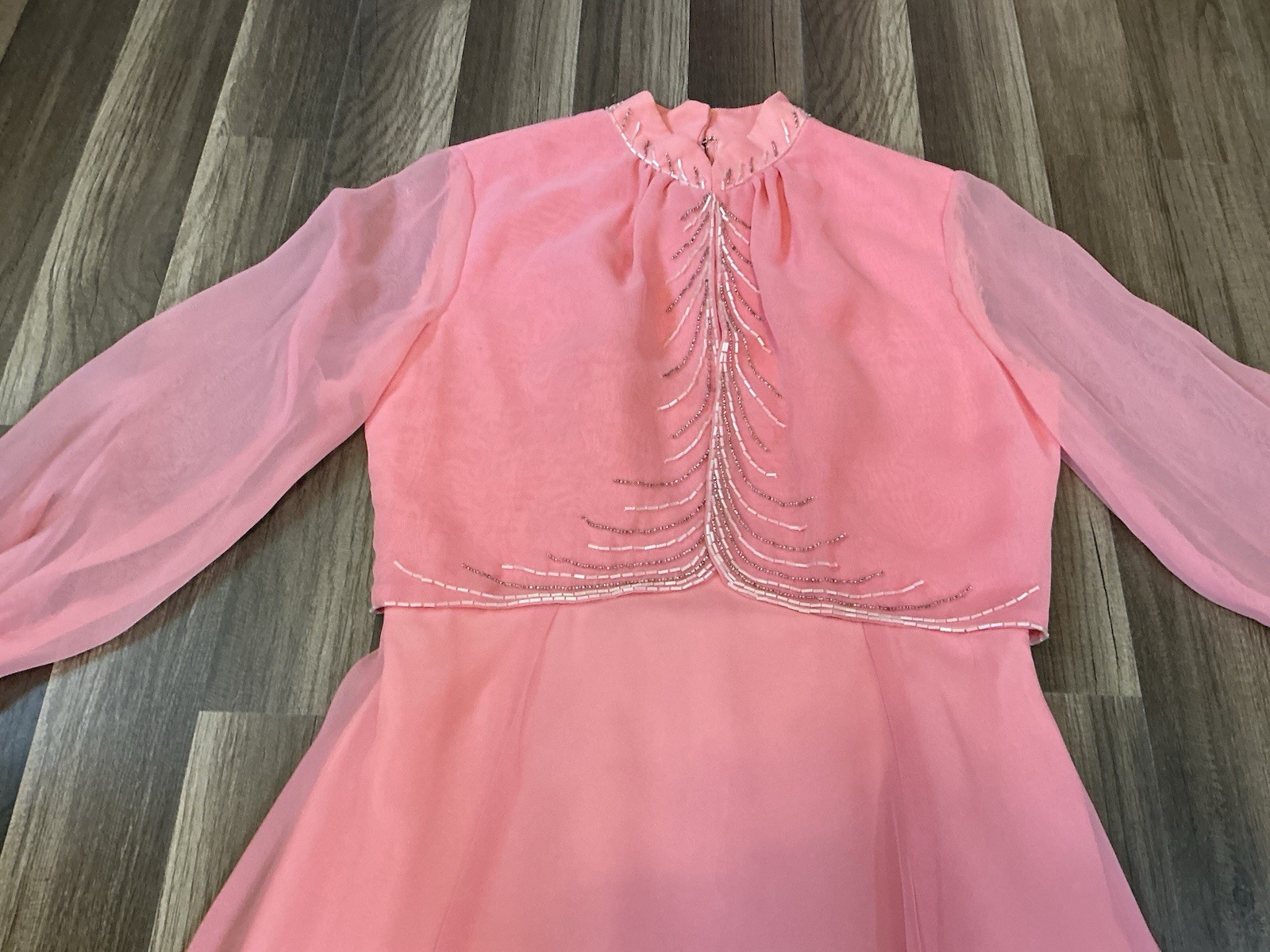 VTG 70’s Elgin Maxi Gown Dress Pink Chiffon Beadwork 5 Victorian Regencycore USA