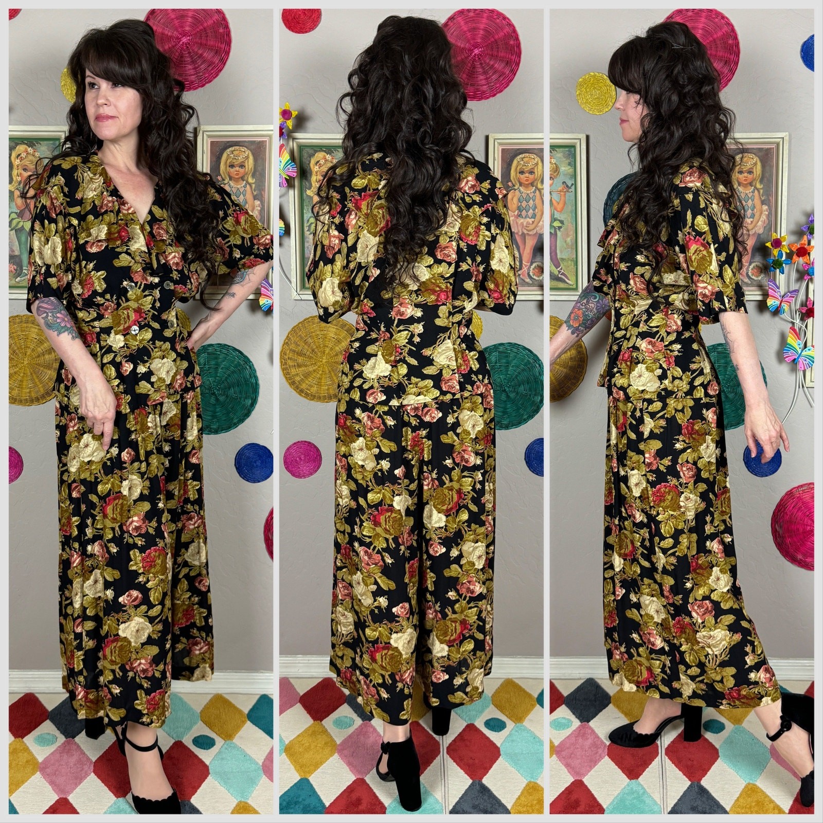 Vintage 1980s Floral 2-Piece Set Ruffle Top & Wide Leg Palazzo Pants | 27″ Waist