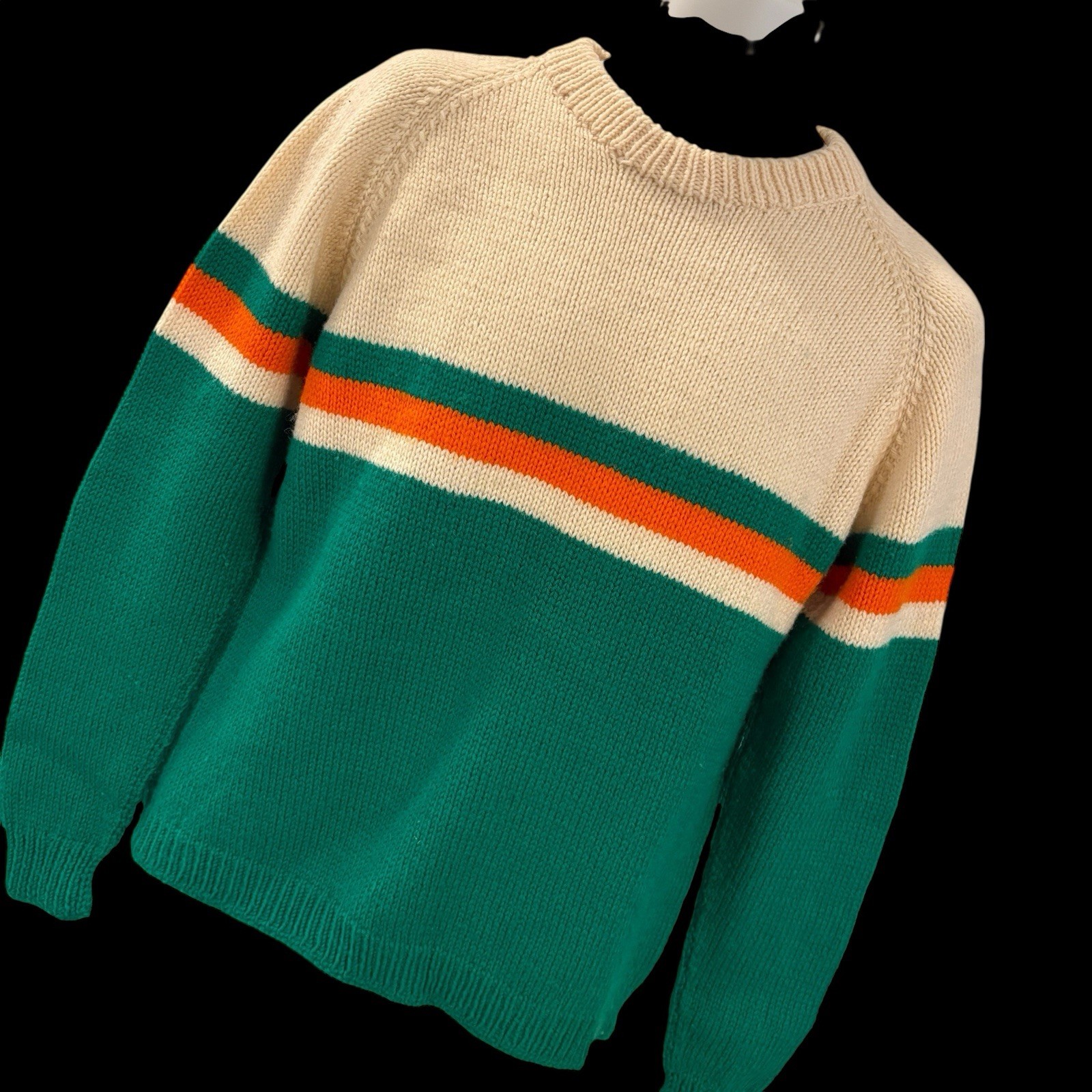Hand Knit Pullover Sweater Jumper Handmade Bold Stripe Green Size M VTG 90’s Y2K
