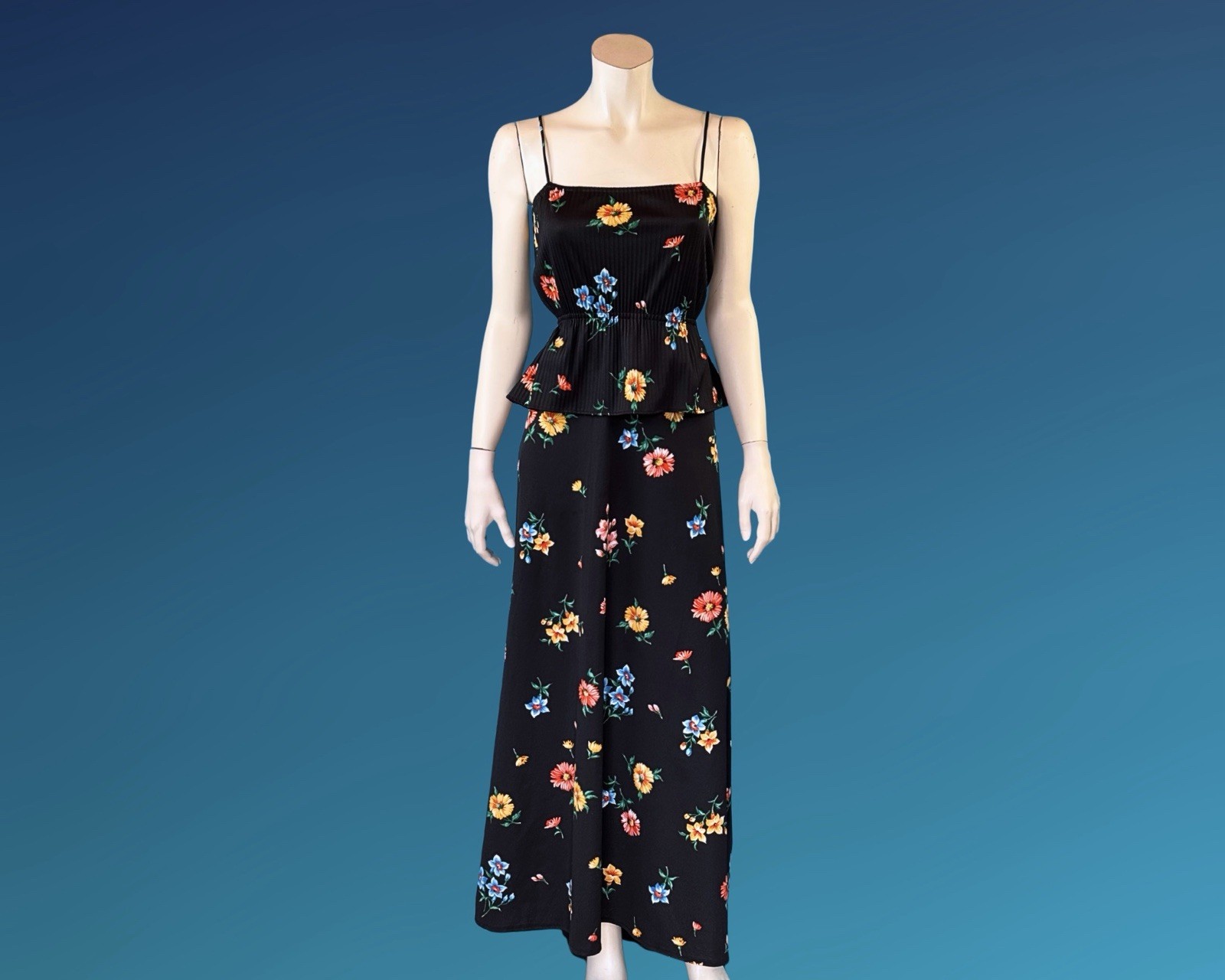 70s Boho Black Floral Print Peplum Maxi Sundress / S XS